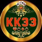KK 33 Game logo with gold circular border, green background, red text, and playing card symbols on top.